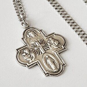 Vintage Sterling Silver Four-Way Medal Necklace - Catholic Crucifix 24" Chain